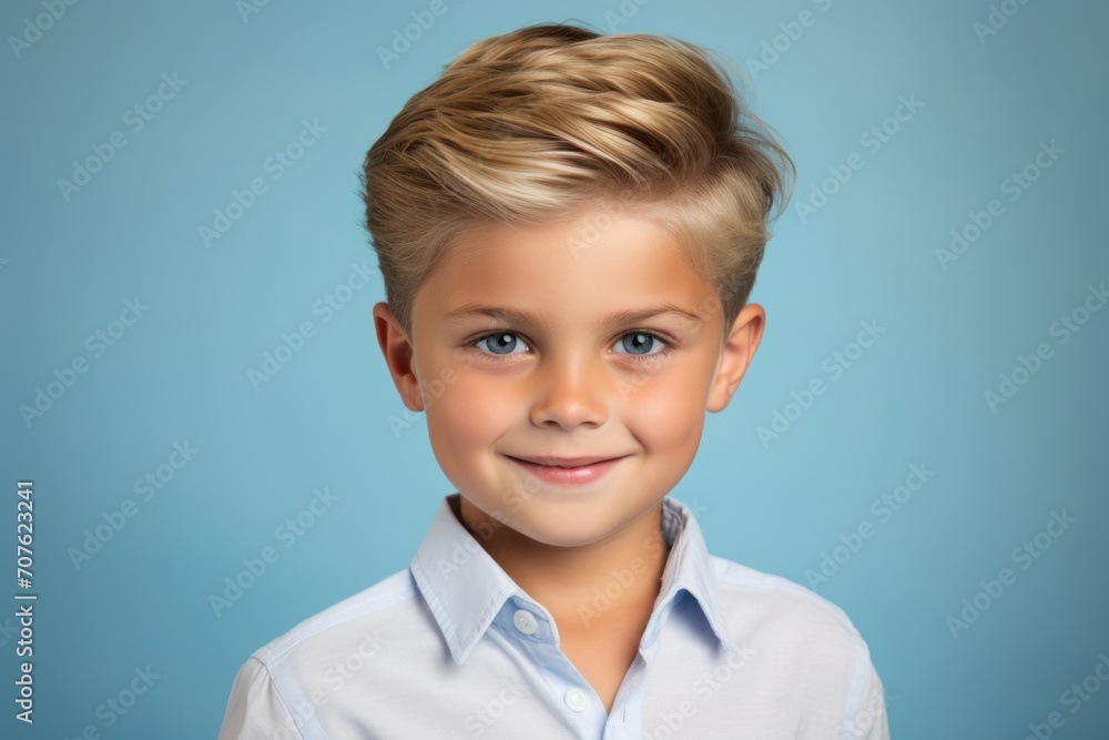 Portrait of a cute little boy with blond hair on blue background Portrait of a cute little boy with blond hair on blue background