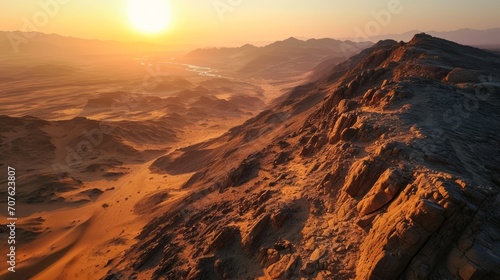 Historic landmarks, aerial drone shot, setting sun, panoramic desert, highly detailed Egyptian sunset view Generative AI