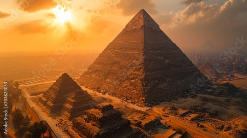 Iconic pyramids  golden hour hues  aerial drone view  distant horizons  photorealistic sunset setting Generative AI