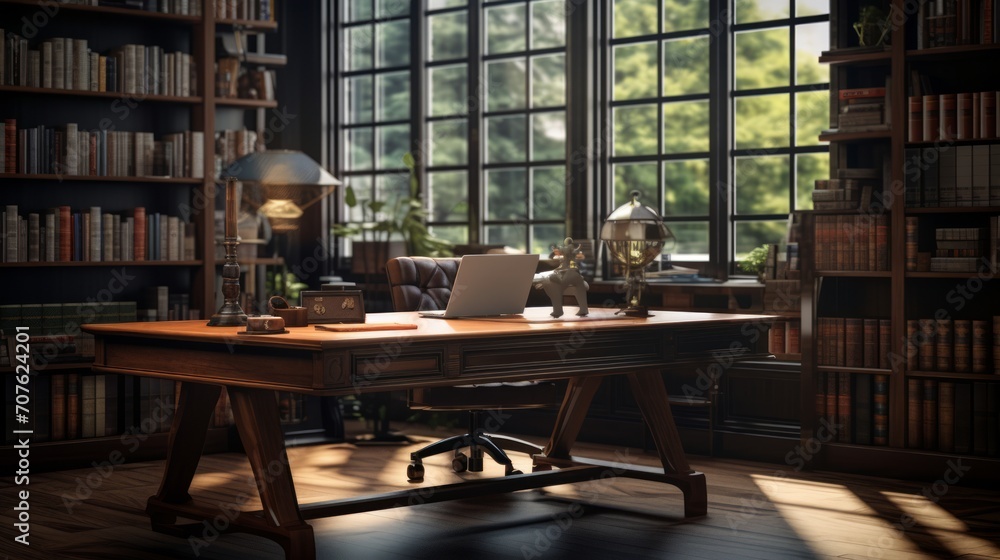 Impeccably designed study room with a mahogany desk and bookshelves. Generative AI