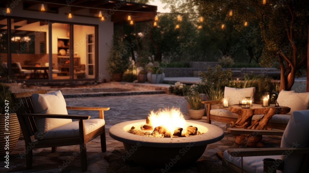 Inviting outdoor patio with comfortable seating and a fire pit. Generative AI