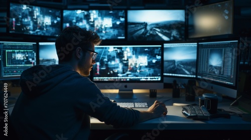 Journalist editing footage in a video editing suite, focused on storytelling, computer screens and editing software visible Generative AI