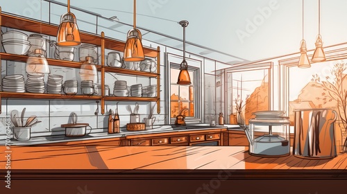 Loose linework illustration of a stylish kitchen interior with bronze accents  highlighting various uses of maple syrup in recipes Generative AI