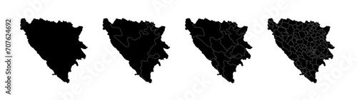 Set of isolated Bosnia And Herzegovina maps with regions. Isolated borders, departments, municipalities.