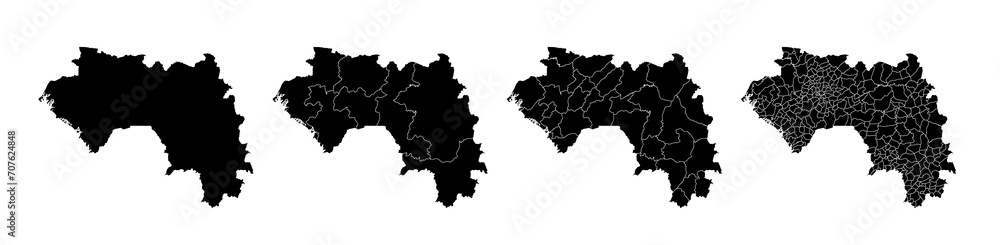 Set of isolated Guinea maps with regions. Isolated borders, departments, municipalities.