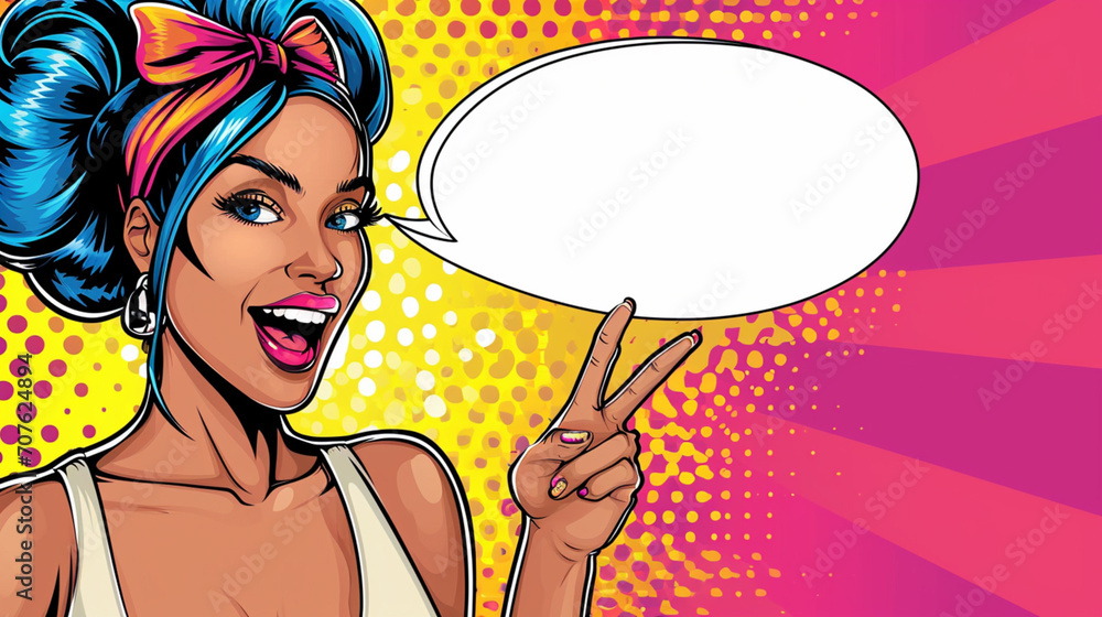 Wow pop art. Multi-culturel womans with open smile and hand pointing on empty speech bubble. Vector colorful background in pop art retro comic style.