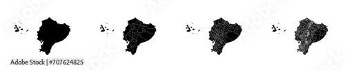 Set of isolated Ecuador maps with regions. Isolated borders, departments, municipalities.