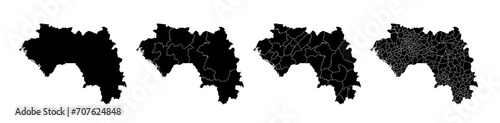 Set of isolated Guinea maps with regions. Isolated borders, departments, municipalities.