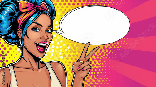 Wow pop art. Multi-culturel womans with open smile and hand pointing on empty speech bubble. Colorful background in pop art retro comic style.