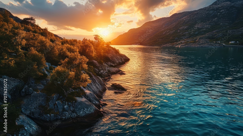 Majestic Norwegian fjords, warm sunset hues, aerial drone view, tranquil waters, detailed sunset scene Generative AI - obrazy, fototapety, plakaty 