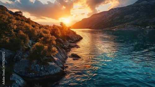 Majestic Norwegian fjords, warm sunset hues, aerial drone view, tranquil waters, detailed sunset scene Generative AI photo
