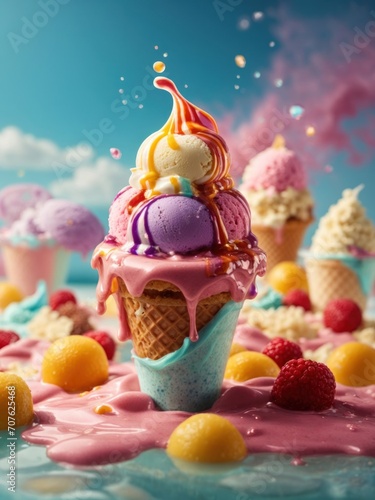 colorful summer treat in melting ice cream. Generative AI