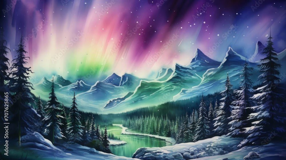 Mystical aurora borealis over snowy landscapes. aquarelle Generative AI