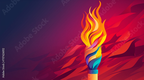 glowing olympic torch against a gradient of victory colors, in paper cut style
