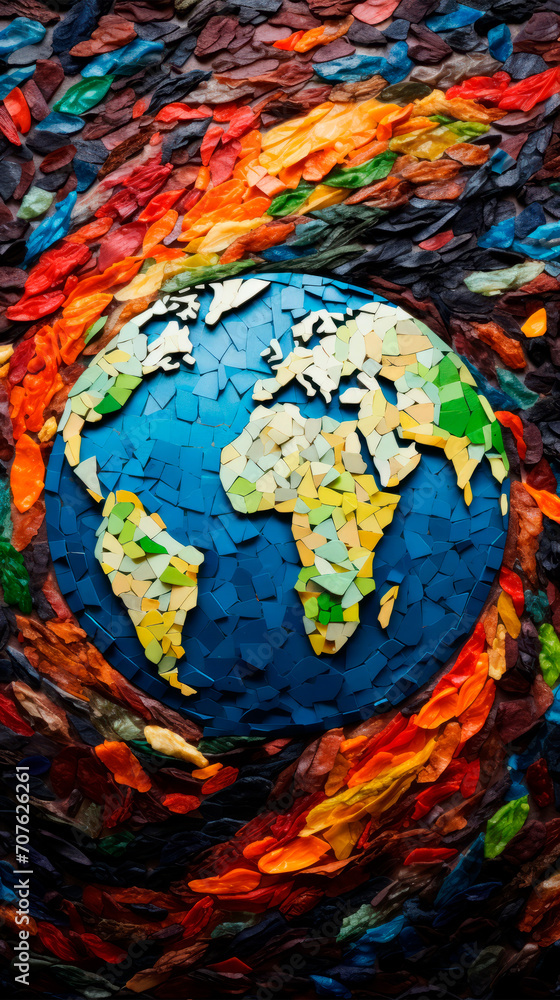 Globe surrounded by abundance of natural elements, artifacts, on background of dark blue mosaic tiles. a wealth of natural resources. The friendship of the peoples of the world. Global world problems Globe surrounded by abundance of natural elements, artifacts, on background of dark blue mosaic tiles. a wealth of natural resources. The friendship of the peoples of the world. Global world problems