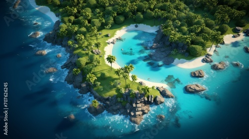 Overhead shot of a serene island archipelago adorned with coconut palms, turquoise lagoons, and golden beaches embraced by the gentle waves of the ocean. photorealistic Generative AI