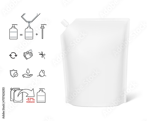 Pouch bag mockup with corner spout. Vector illustration isolated on white background. Front view. Can be use for template your design, presentation, promo, ad. EPS10.