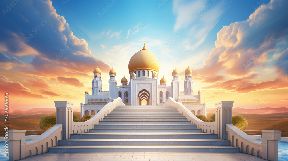 Illustration of stairs leading to the mosque with a beautiful sky background