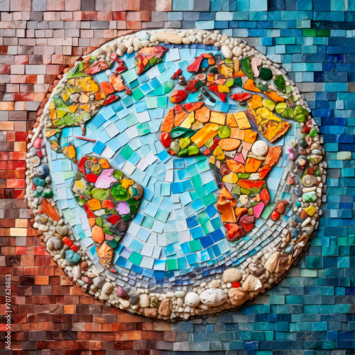 Globe surrounded by abundance of natural elements, artifacts, on background of dark blue mosaic tiles. a wealth of natural resources. The friendship of the peoples of the world. Global world problems