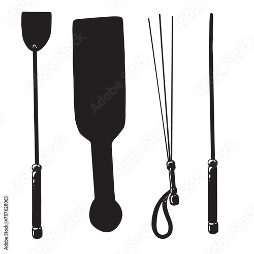 BDSM hand drawn paddle, flogger, whip and crop in black and white colors. Vector illustration. 