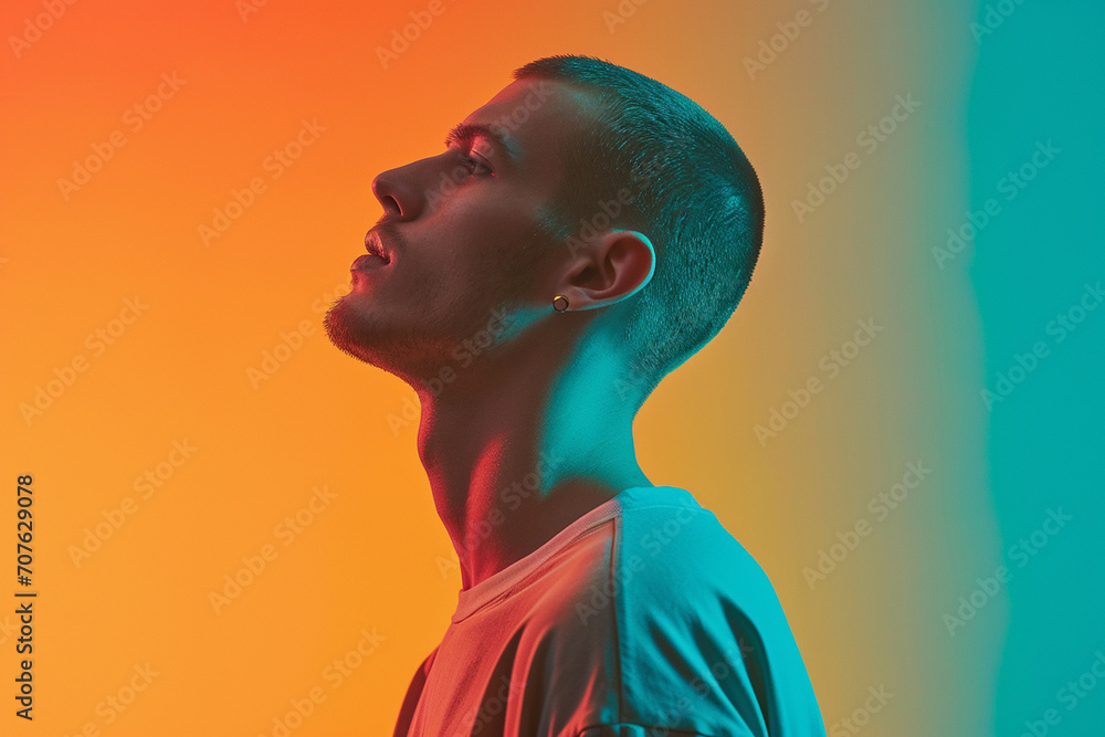 Young man in studio fashion trendy photography color background minimalistic