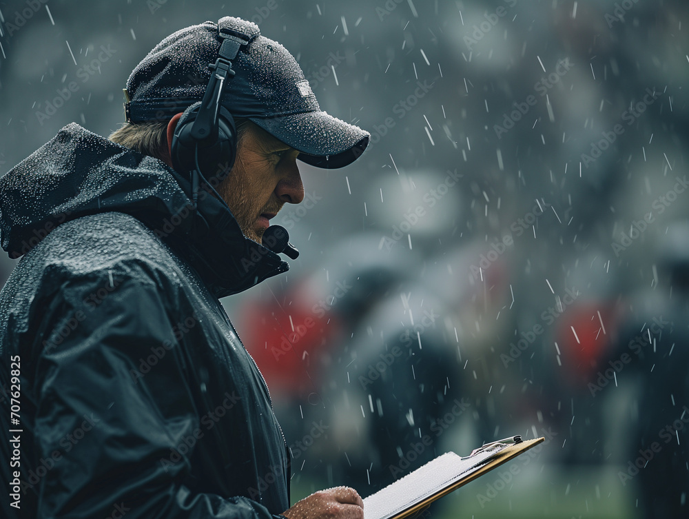 American Football Coach on Sideline During Game with Wet Conditions - obrazy, fototapety, plakaty 