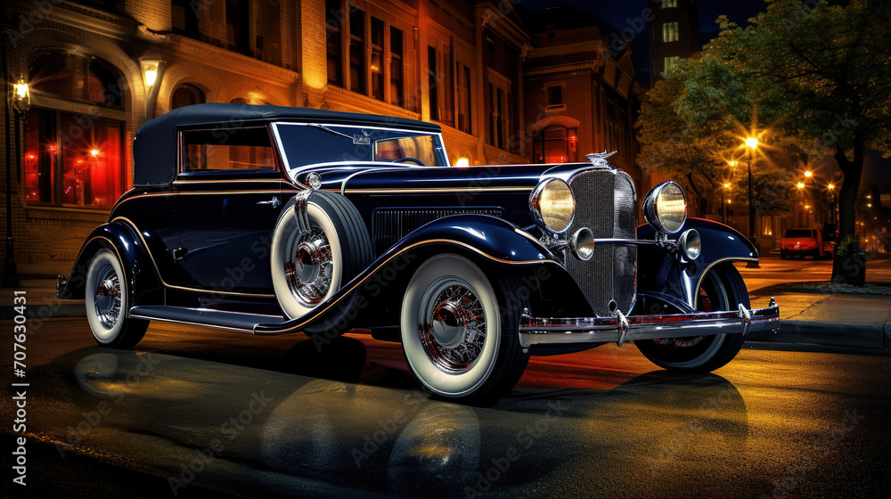 Classic car displayed in an upscale urban setting, city lights in the background