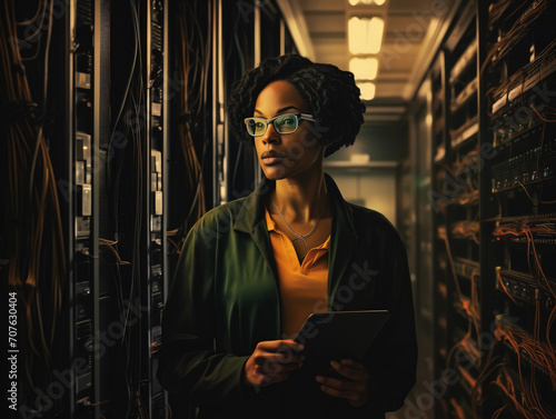 Portrait of Black woman engineer tech in computer server room 