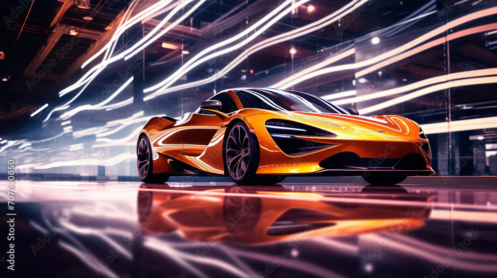 Exotic car presented at a glamorous automotive event with vibrant show light Exotic car presented at a glamorous automotive event with vibrant show light