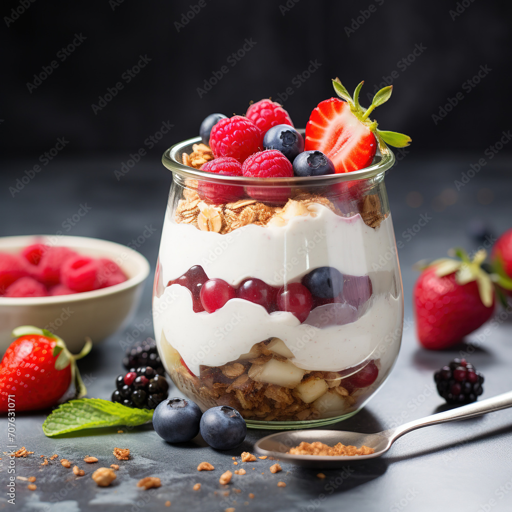 Greek Yogurt with Granola and Fresh Fruits in Transparent Jar Greek Yogurt with Granola and Fresh Fruits in Transparent Jar