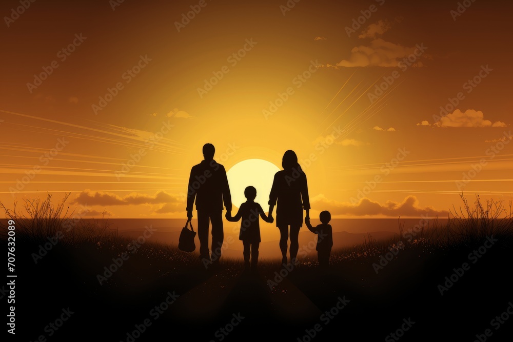Happy Family Fun. Sunset Silhouette Play