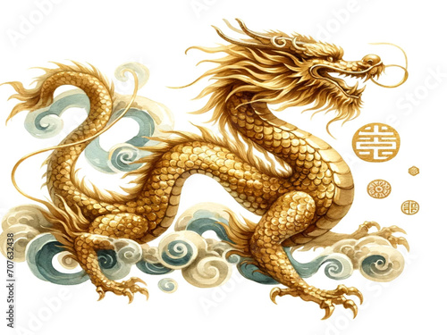 watercolor illustrations of a mythical gold dragon in an isolated setting, symbolizing health, wealth, and happiness. These images capture the majestic and prosperous essence of the dragon.