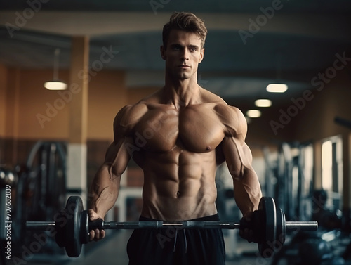 Sportman with some dumbbells in front of the weight room of the Sports Club. Man with strong muscles enter at the gym for a workout 
