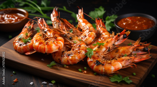 Spicy grilled prawns with sauce ready to eat 