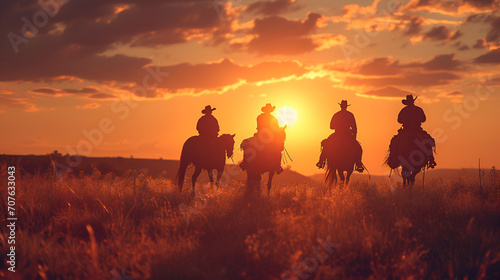 Horse Riders On Horses At Sunset, American People, Generative Ai © najmah