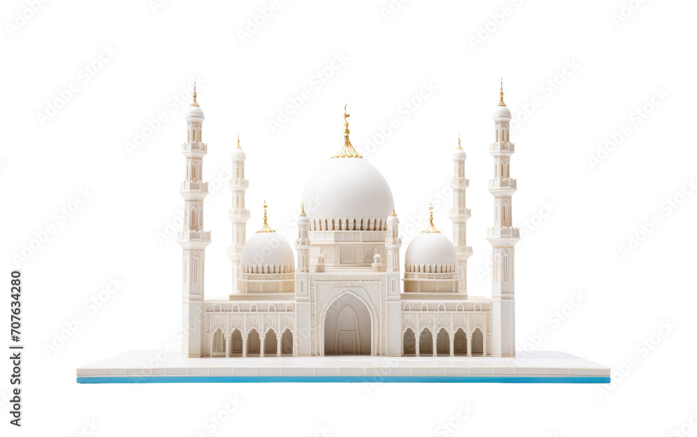 Obraz premium Mosque Model, A Miniature Rendering of Architectural Majesty and Spiritual Serenity on White or PNG Transparent Background.