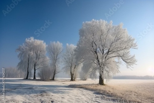 Winter scenery in meadow with trees. Generative AI