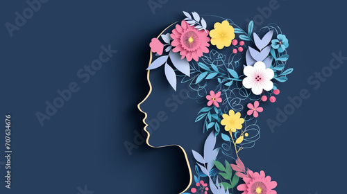 Happy Women's Day holiday illustration. Paper cut silhouette of a girl's head with spring and floral doodles