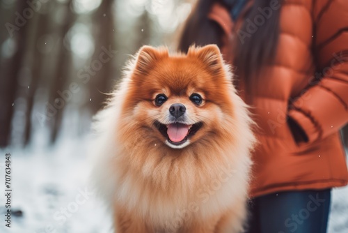 Happy family walking their pet Pomeranian Spitz in the winter forest outdoors. Family, pet, domestic animal and people concept. Close up of family with Pomeranian Spitz dog on walk in park