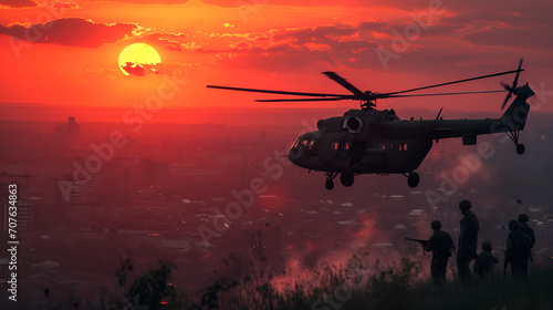 Ranger Helicopter Flying In Sunset, War Concept, Generative Ai