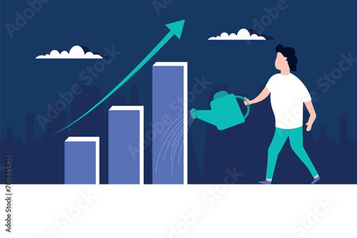 Grow your business, career development, growth, improve company profit, salary increase or earn more income concept, ambitious businessman pouring water to grow graph plant