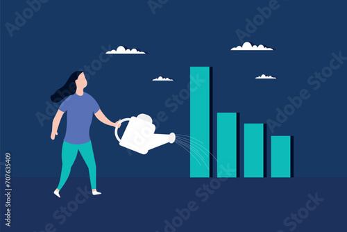 Grow your business, career development, growth, improve company profit, salary increase or earn more income concept, ambitious businesswomen pouring water to grow graph plant