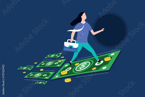 Businesswomen flying on a banknote. Business concept vector