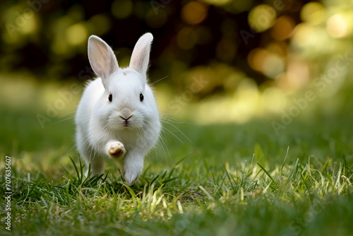 a rabbit running in a field of green grass. generative ai