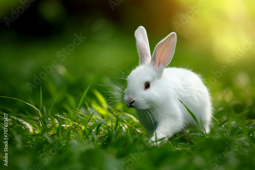 a rabbit running in a field of green grass. generative ai © Phichitpon