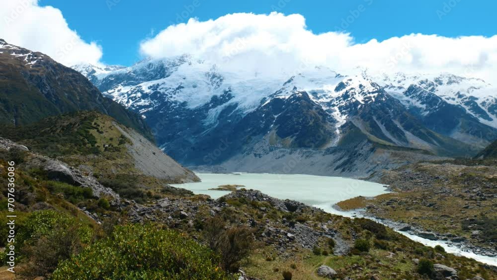 Glacier majesty: A stunning mountain lake beneath towering glaciers. Breathtaking stock footage capturing alpine beauty Glacier majesty: A stunning mountain lake beneath towering glaciers. Breathtaking stock footage capturing alpine beauty