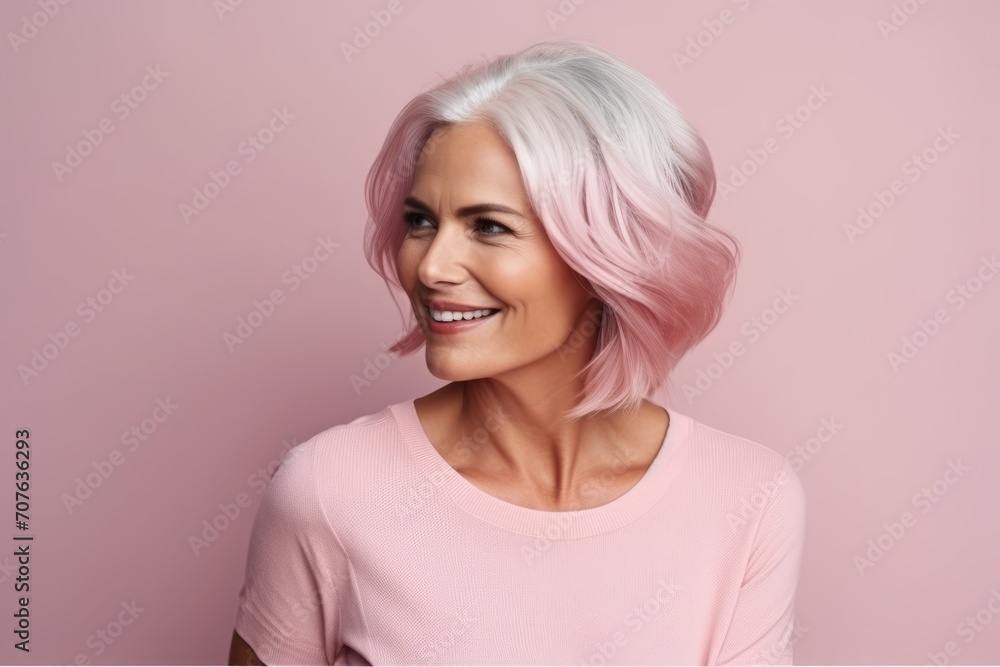 Portrait of a beautiful woman with pink hair on a pink background