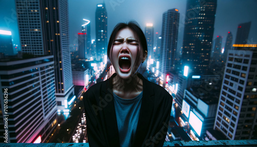 Joven mujer liberando un grito poderoso en medio de la noche urbana, una expresión intensa de emoción y energía contra un fondo de rascacielos iluminados. photo
