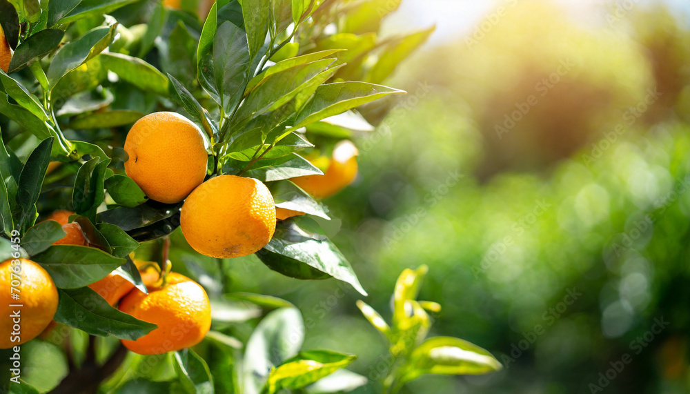 Citrus branches with organic ripe fresh oranges tangerines growing on branches with green leave background Citrus branches with organic ripe fresh oranges tangerines growing on branches with green leave background