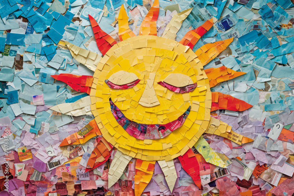 A mosaic of colorful magazine cut-outs arranged to form a cheerful sun smiling in a sky of pastel paper scraps.